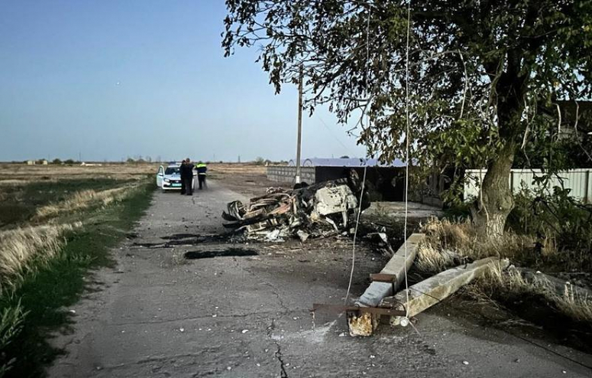 В Таврии «БМВ» перевернулась и сгорела после столкновения с опорой ЛЭП